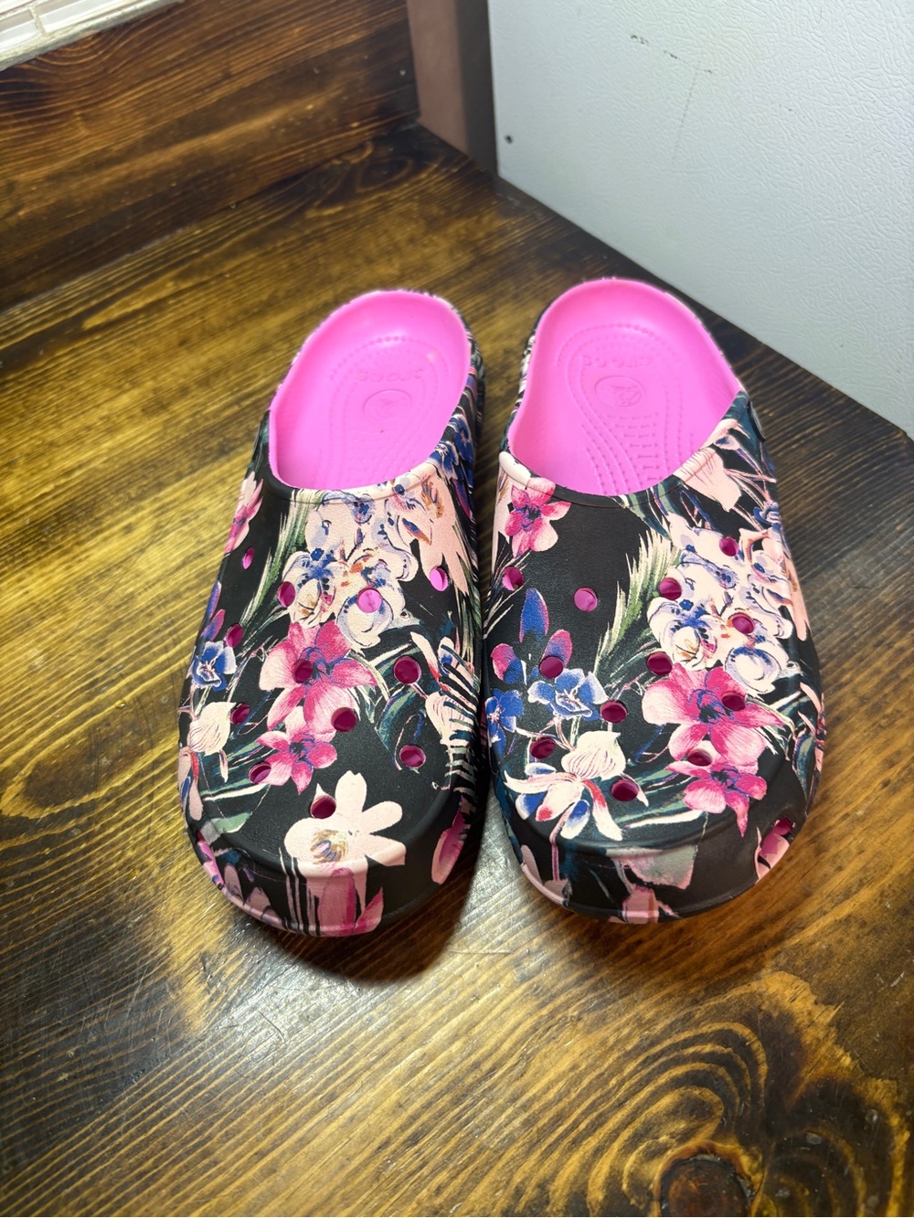 Crocs black floral mules size 10